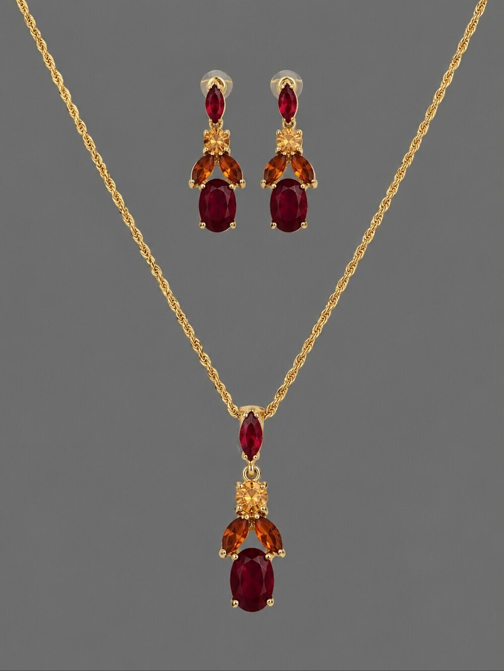 ROMAN Gold Plated Victorian Austrian Crystal Lavalier Valentine's Necklace Set